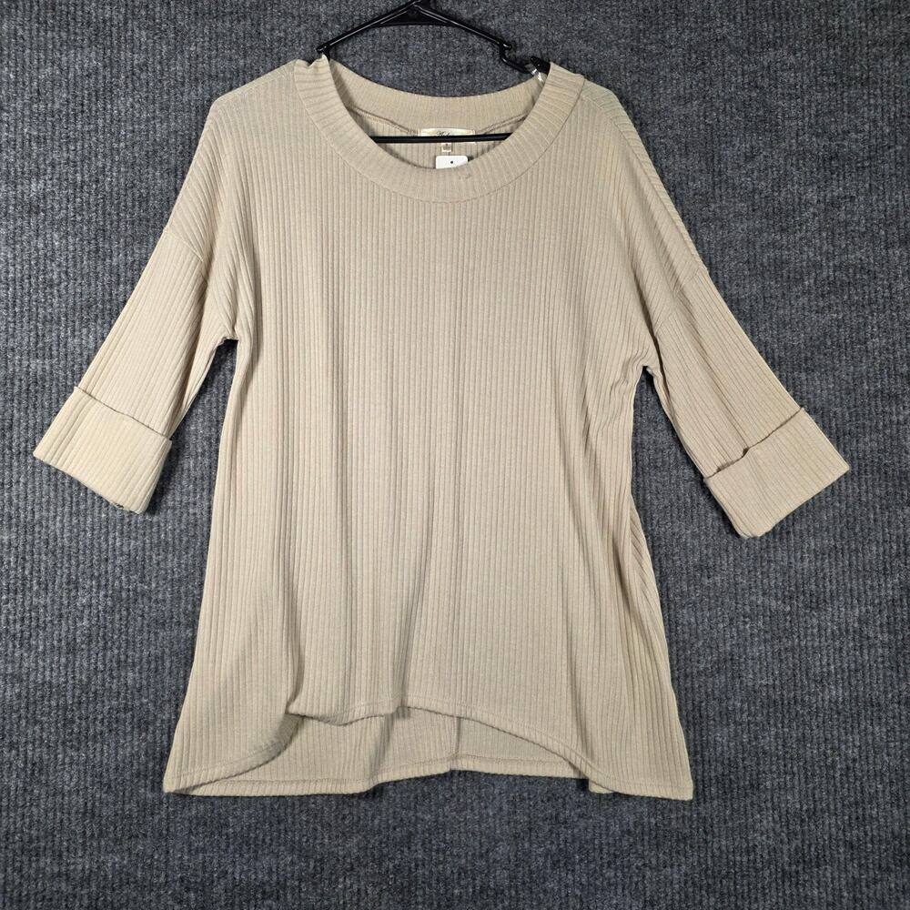 Andree by Unit Ribbed Knit Top Small Beige High Low 3/4 Sleeve